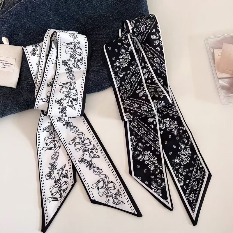 Ascot Neck Scarf - Black White Double Sided Paisley Long