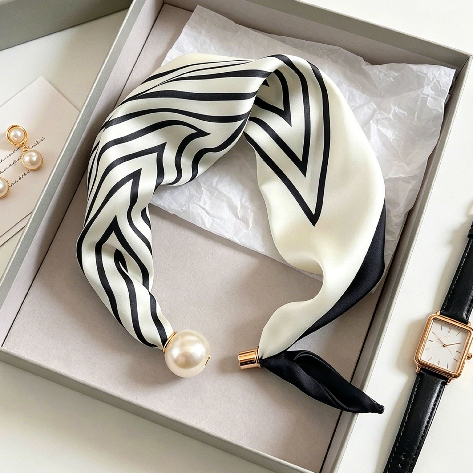 Ascot Neck Scarf - Elegant Chic Pearl Stripe Scarfs Women